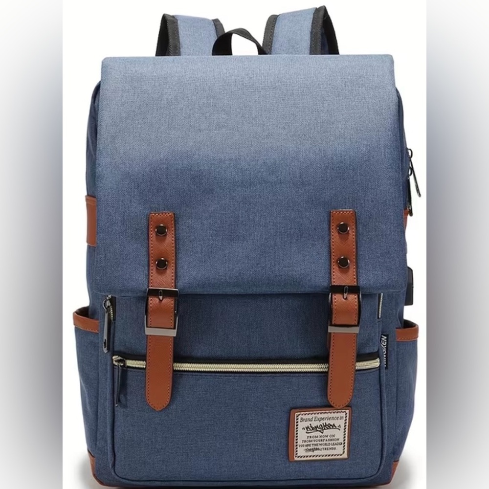 Stylish Blue Backpack with Brown Accents